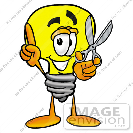 #24359 Clip Art Graphic of a Yellow Electric Lightbulb Cartoon Character Holding a Pair of Scissors by toons4biz