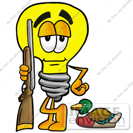 #24360 Clip Art Graphic of a Yellow Electric Lightbulb Cartoon Character Duck Hunting, Standing With a Rifle and Duck by toons4biz