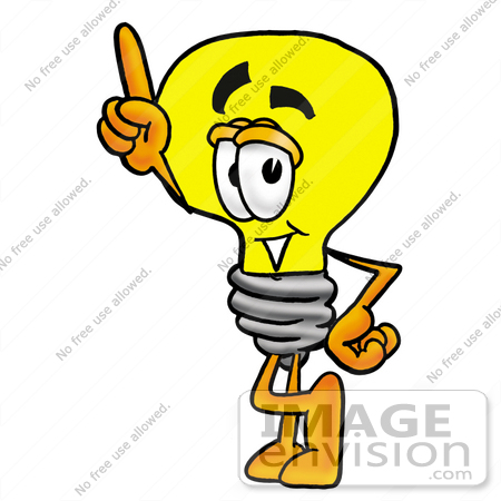 #24361 Clip Art Graphic of a Yellow Electric Lightbulb Cartoon Character Pointing Upwards by toons4biz