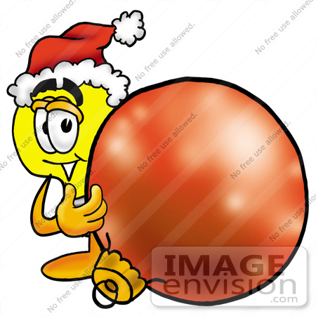 #24362 Clip Art Graphic of a Yellow Electric Lightbulb Cartoon Character Wearing a Santa Hat, Standing With a Christmas Bauble by toons4biz