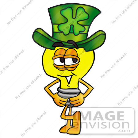 #24363 Clip Art Graphic of a Yellow Electric Lightbulb Cartoon Character Wearing a Saint Patricks Day Hat With a Clover on it by toons4biz