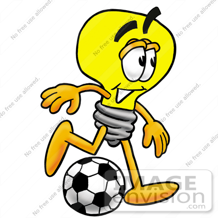 #24367 Clip Art Graphic of a Yellow Electric Lightbulb Cartoon Character Kicking a Soccer Ball by toons4biz