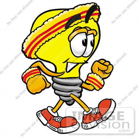 #24368 Clip Art Graphic of a Yellow Electric Lightbulb Cartoon Character Speed Walking or Jogging by toons4biz