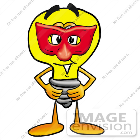 #24369 Clip Art Graphic of a Yellow Electric Lightbulb Cartoon Character Wearing a Red Mask Over His Face by toons4biz