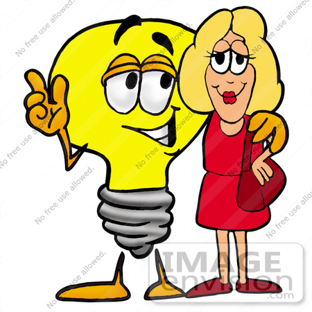 #24370 Clip Art Graphic of a Yellow Electric Lightbulb Cartoon Character Talking to a Pretty Blond Woman by toons4biz