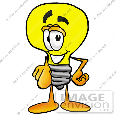 #24373 Clip Art Graphic of a Yellow Electric Lightbulb Cartoon Character Pointing at the Viewer by toons4biz