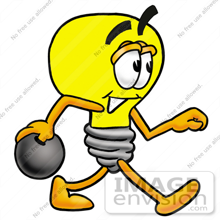 #24374 Clip Art Graphic of a Yellow Electric Lightbulb Cartoon Character Holding a Bowling Ball by toons4biz
