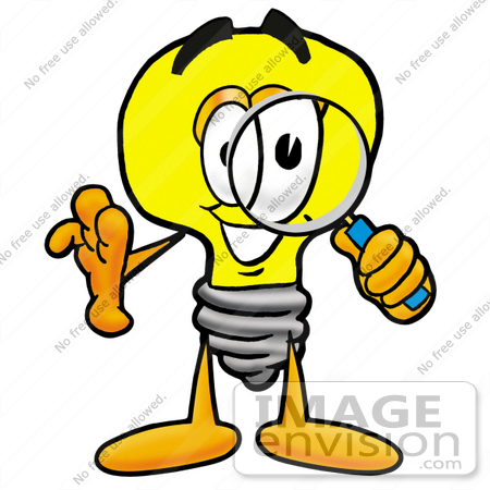 #24379 Clip Art Graphic of a Yellow Electric Lightbulb Cartoon Character Looking Through a Magnifying Glass by toons4biz