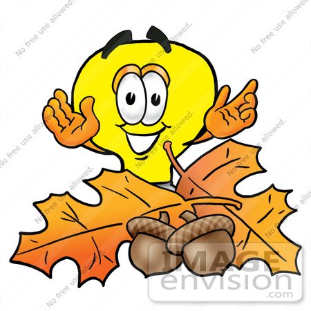 #24380 Clip Art Graphic of a Yellow Electric Lightbulb Cartoon Character With Autumn Leaves and Acorns in the Fall by toons4biz