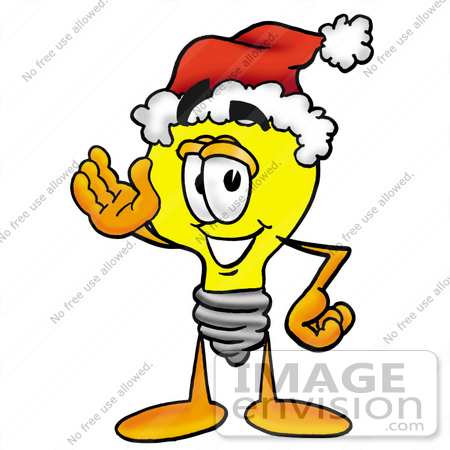 #24381 Clip Art Graphic of a Yellow Electric Lightbulb Cartoon Character Wearing a Santa Hat and Waving by toons4biz