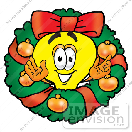 #24384 Clip Art Graphic of a Yellow Electric Lightbulb Cartoon Character in the Center of a Christmas Wreath by toons4biz
