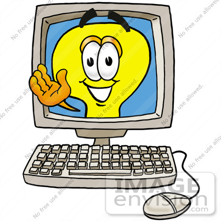 #24385 Clip Art Graphic of a Yellow Electric Lightbulb Cartoon Character Waving From Inside a Computer Screen by toons4biz