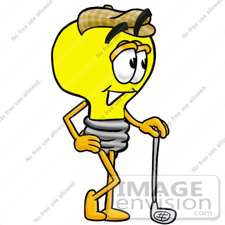 #24386 Clip Art Graphic of a Yellow Electric Lightbulb Cartoon Character Leaning on a Golf Club While Golfing by toons4biz