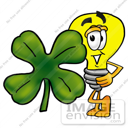 #24387 Clip Art Graphic of a Yellow Electric Lightbulb Cartoon Character With a Green Four Leaf Clover on St Paddy’s or St Patricks Day by toons4biz