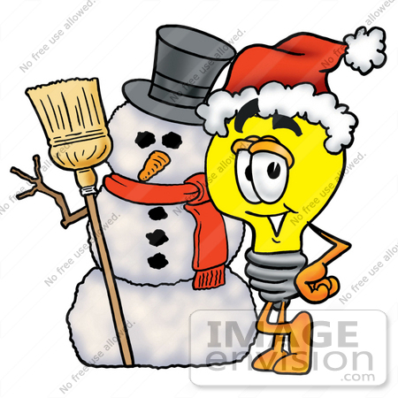 #24388 Clip Art Graphic of a Yellow Electric Lightbulb Cartoon Character With a Snowman on Christmas by toons4biz