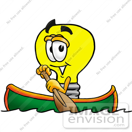 #24389 Clip Art Graphic of a Yellow Electric Lightbulb Cartoon Character Rowing a Boat by toons4biz