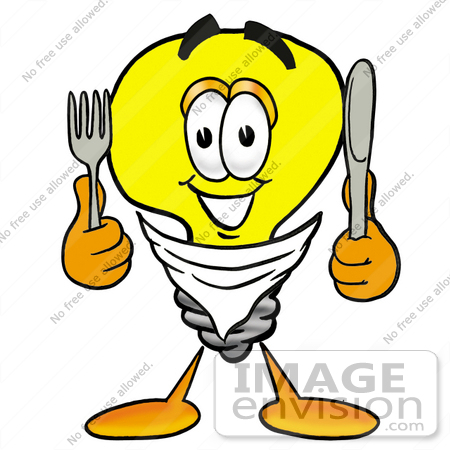 #24390 Clip Art Graphic of a Yellow Electric Lightbulb Cartoon Character Holding a Knife and Fork by toons4biz
