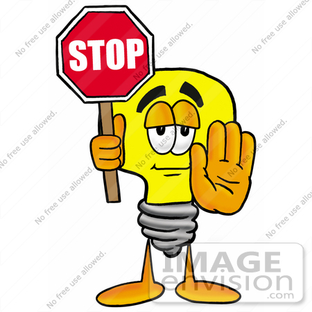 #24393 Clip Art Graphic of a Yellow Electric Lightbulb Cartoon Character Holding a Stop Sign by toons4biz