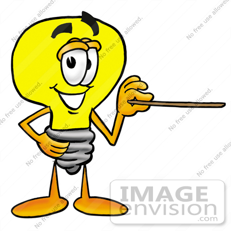 #24398 Clip Art Graphic of a Yellow Electric Lightbulb Cartoon Character Holding a Pointer Stick by toons4biz