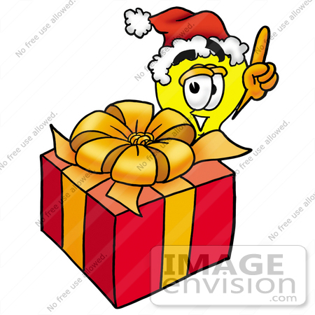 #24399 Clip Art Graphic of a Yellow Electric Lightbulb Cartoon Character Standing by a Christmas Present by toons4biz