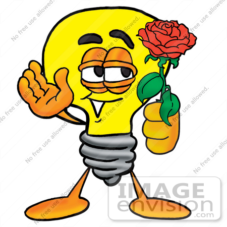 #24400 Clip Art Graphic of a Yellow Electric Lightbulb Cartoon Character Holding a Red Rose on Valentines Day by toons4biz