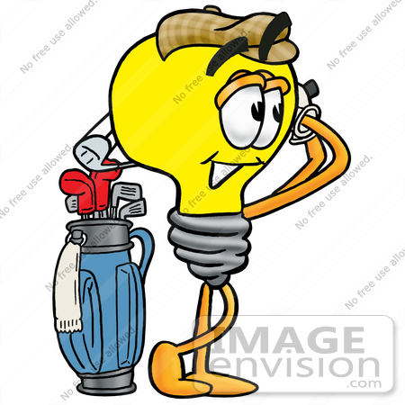 #24405 Clip Art Graphic of a Yellow Electric Lightbulb Cartoon Character Swinging His Golf Club While Golfing by toons4biz