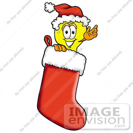 #24410 Clip Art Graphic of a Yellow Electric Lightbulb Cartoon Character Wearing a Santa Hat Inside a Red Christmas Stocking by toons4biz