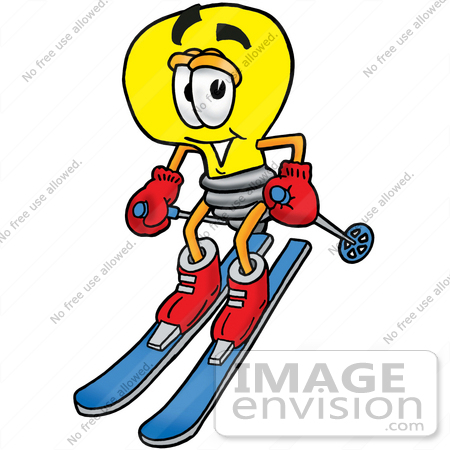 #24413 Clip Art Graphic of a Yellow Electric Lightbulb Cartoon Character Skiing Downhill by toons4biz