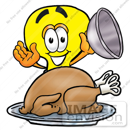#24415 Clip Art Graphic of a Yellow Electric Lightbulb Cartoon Character Serving a Thanksgiving Turkey on a Platter by toons4biz