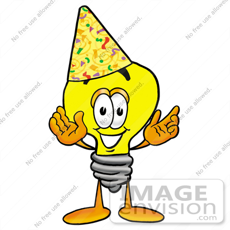 #24419 Clip Art Graphic of a Yellow Electric Lightbulb Cartoon Character Wearing a Birthday Party Hat by toons4biz