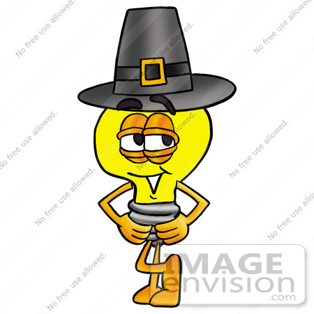 #24421 Clip Art Graphic of a Yellow Electric Lightbulb Cartoon Character Wearing a Pilgrim Hat on Thanksgiving by toons4biz