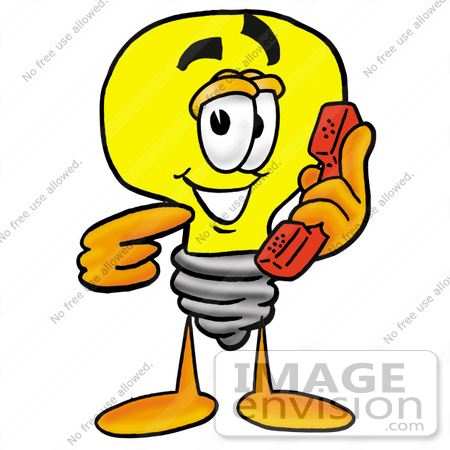 #24423 Clip Art Graphic of a Yellow Electric Lightbulb Cartoon Character Holding a Telephone by toons4biz