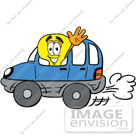 #24424 Clip Art Graphic of a Yellow Electric Lightbulb Cartoon Character Driving a Blue Car and Waving by toons4biz