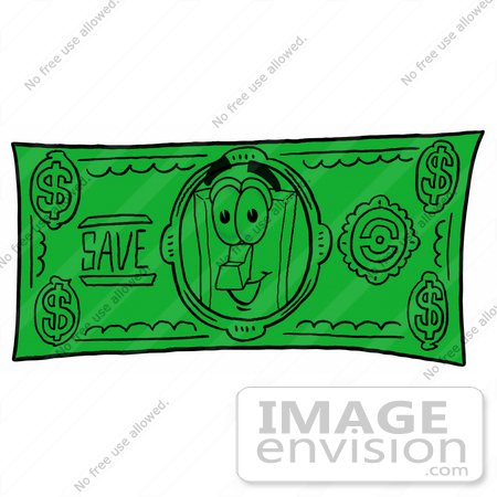 #24425 Clip Art Graphic of a White Electrical Light Switch Cartoon Character on a Dollar Bill by toons4biz