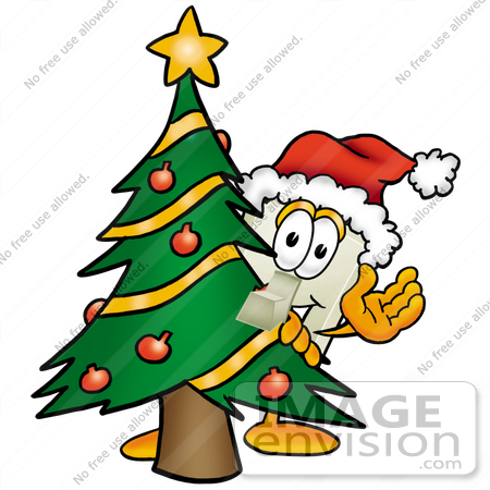 #24426 Clip Art Graphic of a White Electrical Light Switch Cartoon Character Waving and Standing by a Decorated Christmas Tree by toons4biz