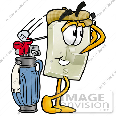 #24427 Clip Art Graphic of a White Electrical Light Switch Cartoon Character Swinging His Golf Club While Golfing by toons4biz