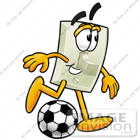 #24429 Clip Art Graphic of a White Electrical Light Switch Cartoon Character Kicking a Soccer Ball by toons4biz