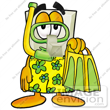 #24433 Clip Art Graphic of a White Electrical Light Switch Cartoon Character in Green and Yellow Snorkel Gear by toons4biz