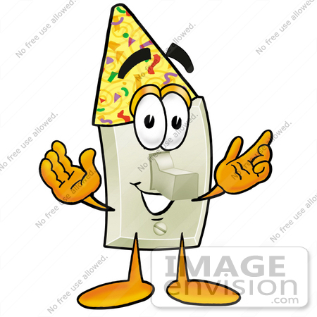 #24435 Clip Art Graphic of a White Electrical Light Switch Cartoon Character Wearing a Birthday Party Hat by toons4biz