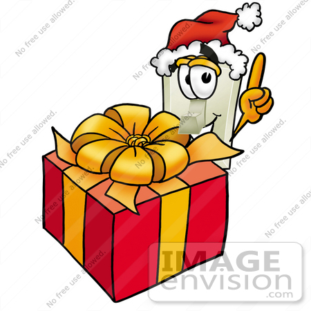 #24436 Clip Art Graphic of a White Electrical Light Switch Cartoon Character Standing by a Christmas Present by toons4biz