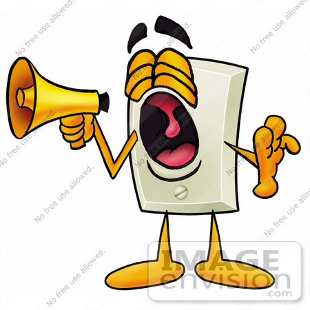 #24441 Clip Art Graphic of a White Electrical Light Switch Cartoon Character Screaming Into a Megaphone by toons4biz