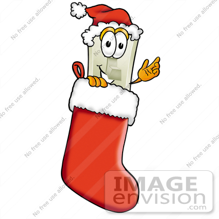 #24442 Clip Art Graphic of a White Electrical Light Switch Cartoon Character Wearing a Santa Hat Inside a Red Christmas Stocking by toons4biz