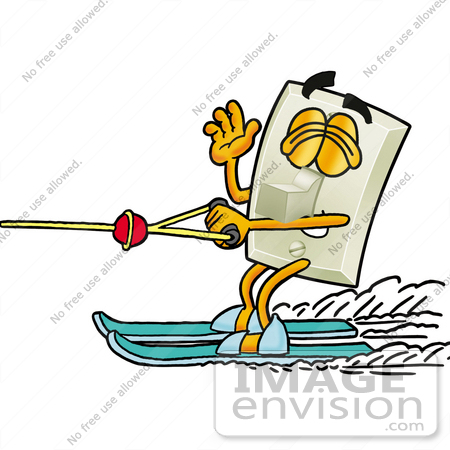 #24446 Clip Art Graphic of a White Electrical Light Switch Cartoon Character Waving While Water Skiing by toons4biz