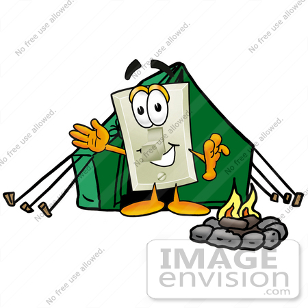 #24448 Clip Art Graphic of a White Electrical Light Switch Cartoon Character Camping With a Tent and Fire by toons4biz