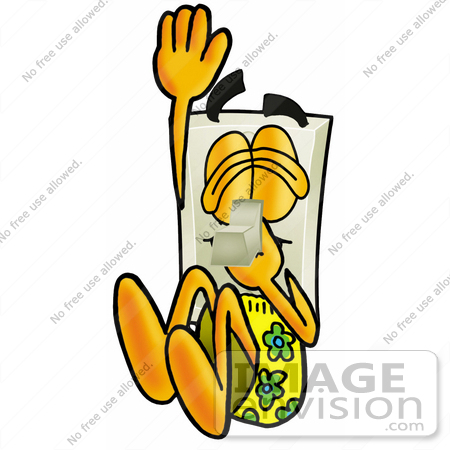 #24450 Clip Art Graphic of a White Electrical Light Switch Cartoon Character Plugging His Nose While Jumping Into Water by toons4biz