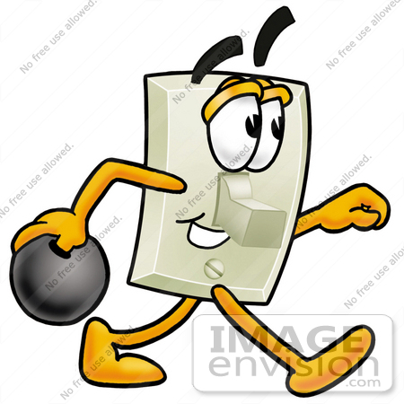 #24452 Clip Art Graphic of a White Electrical Light Switch Cartoon Character Holding a Bowling Ball by toons4biz