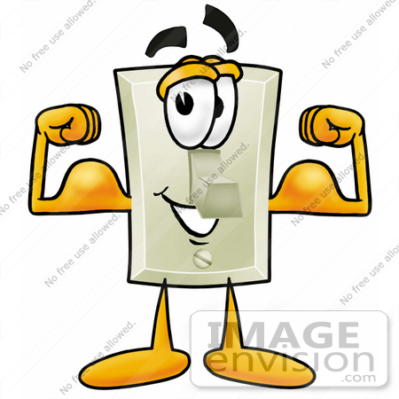 #24453 Clip Art Graphic of a White Electrical Light Switch Cartoon Character Flexing His Arm Muscles by toons4biz