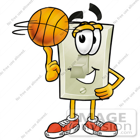 #24454 Clip Art Graphic of a White Electrical Light Switch Cartoon Character Spinning a Basketball on His Finger by toons4biz