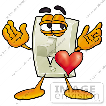 #24456 Clip Art Graphic of a White Electrical Light Switch Cartoon Character With His Heart Beating Out of His Chest by toons4biz