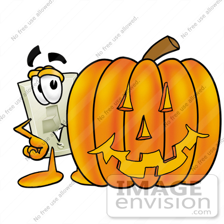 #24457 Clip Art Graphic of a White Electrical Light Switch Cartoon Character With a Carved Halloween Pumpkin by toons4biz
